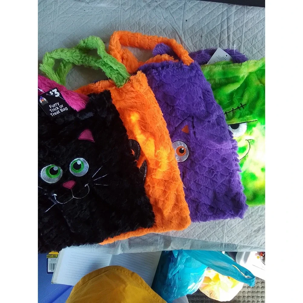 Halloween Furry Trick or Treat Bag Lot of 4 Cat Pumpkin Monster Frankenstein NWT